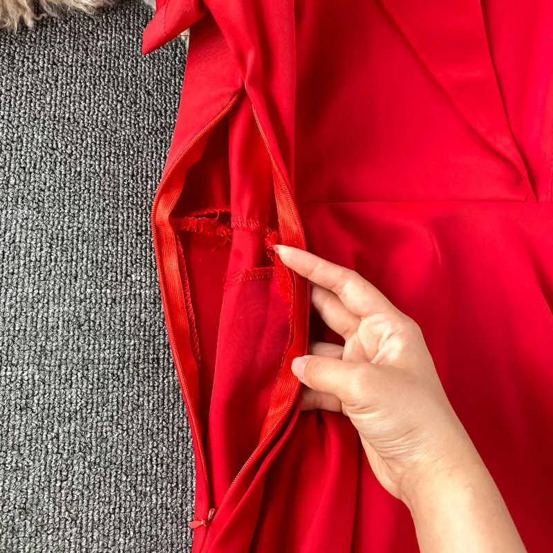 夏の赤/緑/ベージュ/黒の不規則なドレス女性ヴィンテージノッチ襟半袖ハイウエストオフィスレディースvestido 2021新しいY0603