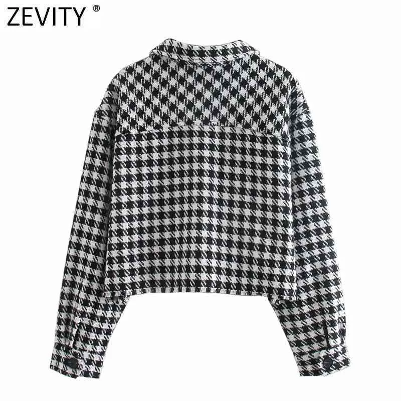 Women Vintage Pockets Patch Houndstooth Print Casual Short Shirt Coat Femme Streetwear Outwear Chic Jacket Tops CT616 210420