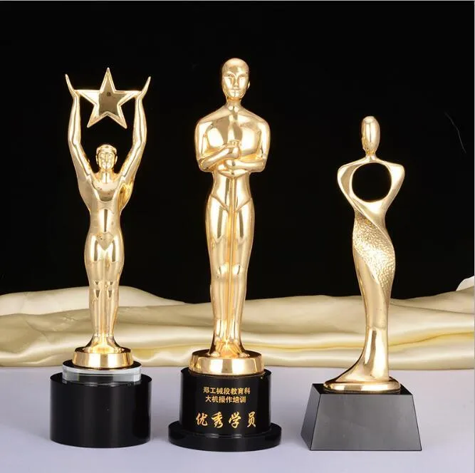 Creative Black Crystal Figurines Home Statue Crafts Gold plated Oscar Trophy Sculptures Accessories Livingroom Ornaments 210414