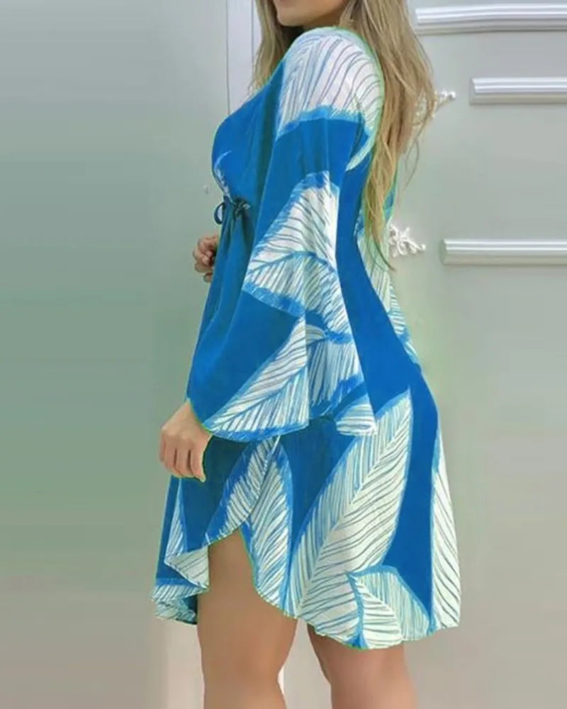 Cape Sleeve Leaves Print Ruched Summer Dress Women X0521