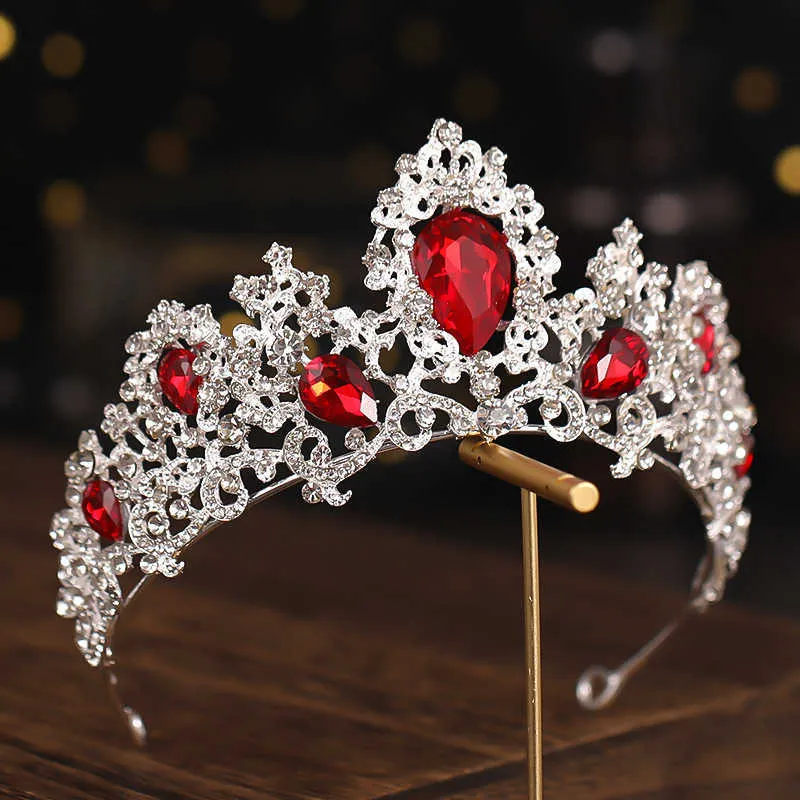 Barock Luxury Silver Color Red Green Crystal Bridal Tiaras Crowns Pagant Diadem Headband Wedding Hair Tillbehör 210701
