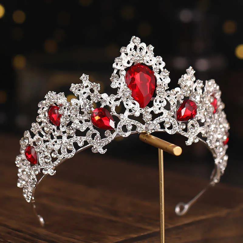 Barok Lüks Gümüş Renk Kırmızı Yeşil Kristal Gelin Tiaras Taçlar Pageant Diadem Kafa Düğün Saç Aksesuarları 210701