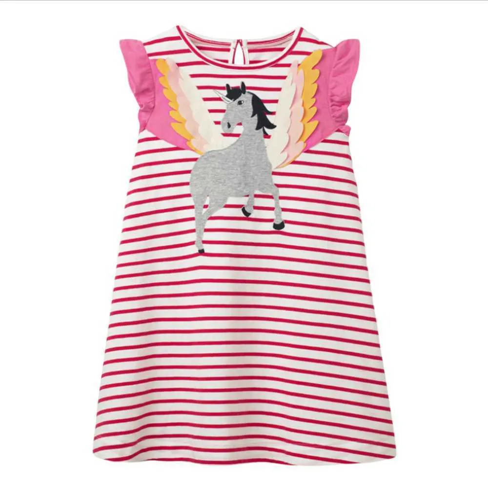 Salto Metri Unicorn Stripe Girls Abiti casual l'estate Baby Animals Applique Kids Cotton Costume Toddler Dress 210529