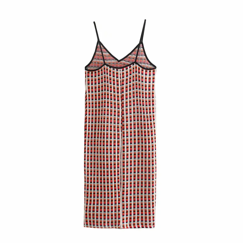 Rose Chic bouton Jacquard tricoté robe femmes printemps Plaid mince sangle dos nu femme élégant vacances plage es 210430