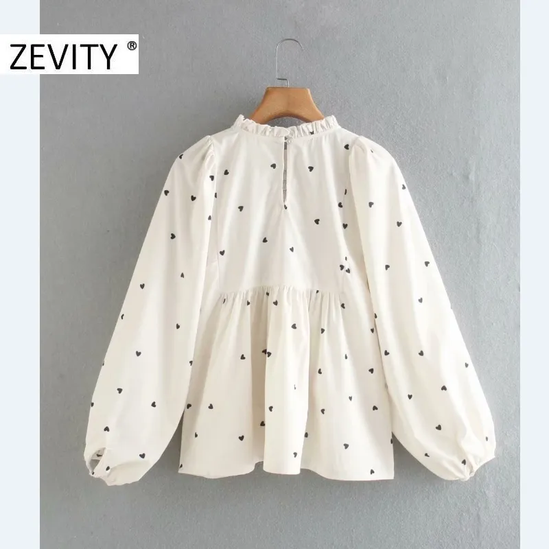 Women Sweet Agaric Lace Hearts Print Elastic Smock Blouse Office Ladies Lantern Sleeve Shirts Chic Blusas Tops LS7272 210420