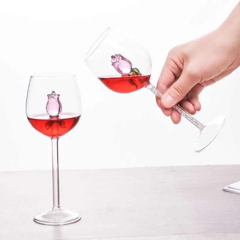 Verres à vin rose tasses avec rose à l'intérieur verre à vin idéal pour les cadeaux de la semaine pour la fête d'anniversaire de mariage célébration de Noël 35ED X070306Y