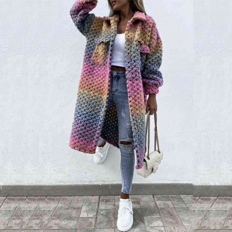 Vintage Harajuku Street Style Gradient Z Długim Rękawem Odzieży Odzieży Odzieży Kobiet Moda Pleciona Twist Woolen Coats Gruba Kurtka Płaszcz 211110