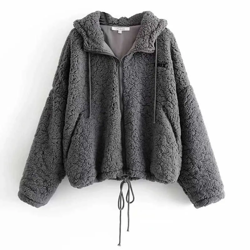 Épaissir lâche veste féminine européenne manteau de laine solide cordon coupe-vent à capuche femmes 210531