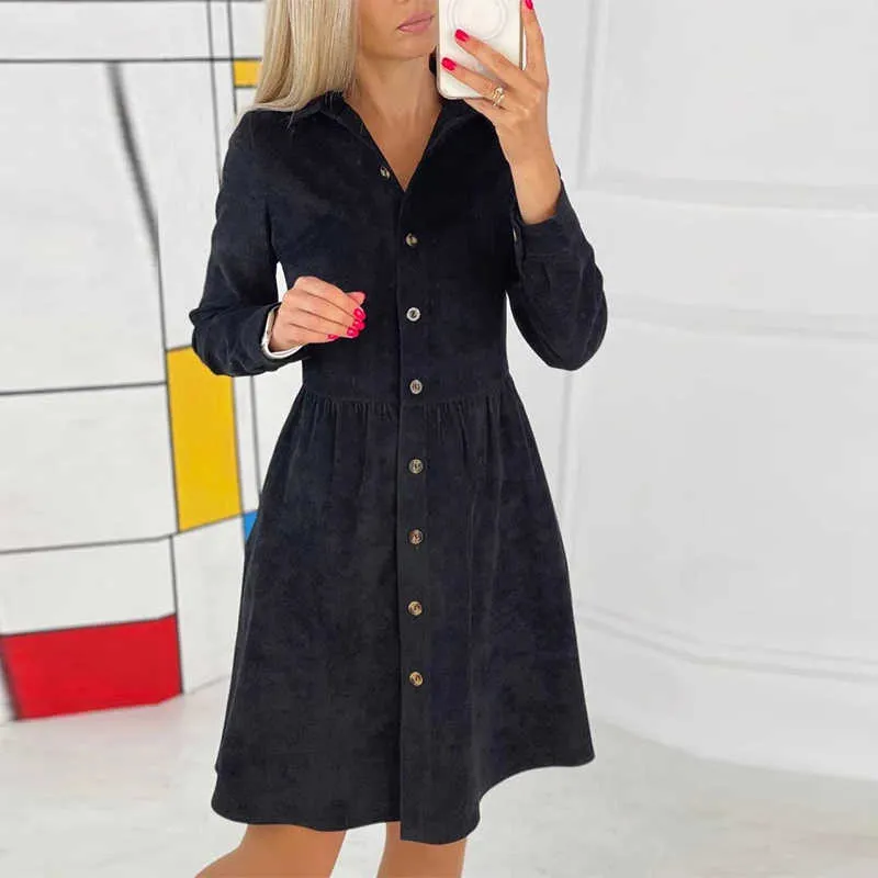 Vintage Warm Corduroy Long Sleeve Single-Breasted Shirts Dress Women Autumn Elegant V Neck Loose Party Dress A-Line Loose Dress Y1006