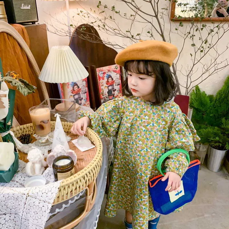 Gros style coréen printemps filles robe longue manches bouffantes volants robes de princesse florale vêtements pour enfants E666 210610