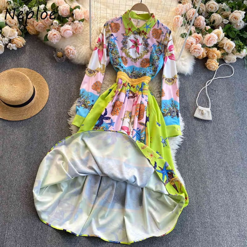 Neploe Vintage Print Bohemian Holiday Dress Donna Vita alta Anca A Line Vestidos Colletto rovesciato Manica lunga A Line Slim Robe 210423