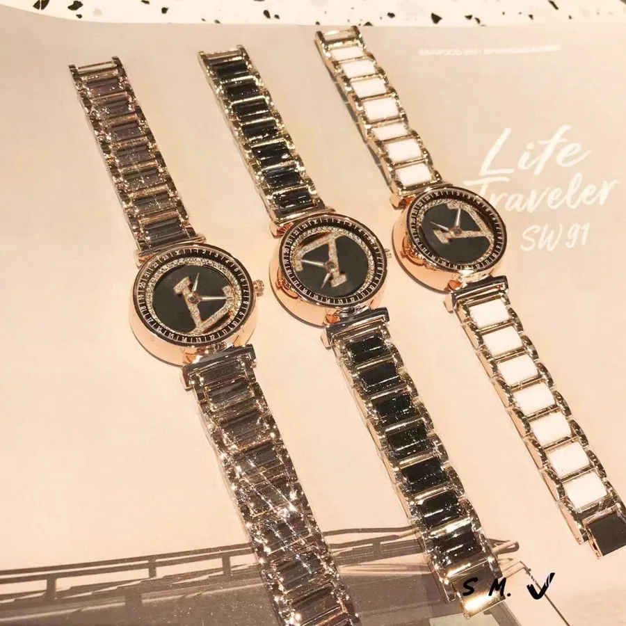 Marka zegarek dla kobiet Crystal Big Letters Style stalowy zespół kwarcowy zegarek L51217L