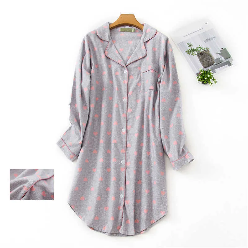 Shirt Sleepwear Women Sexy Plaid 100% Cotton Homewear Big Size Long Sleeve V-Neck Nightdress Fashion Clothes Vintage Pjs 210924