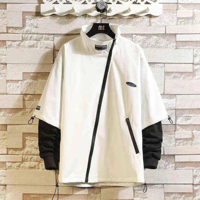 Japan Style Pullover White Black Spring Autumn Jacket Men'S Streetwear Bomber Clothes Fake Two Piece OVERSize 5XL 6XL 7XL 211214