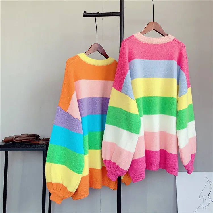 Sweter zimowy Kobiety Oneck Loose Styl Oversized Sweter i Swetry Rainbow Knit Skoczków Koreański Pull Jumper Autumn Cloth 210430