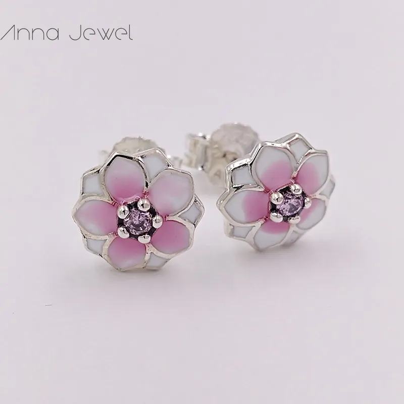 Hot designer jewelry Authentic 925 Sterling SilverMagnolia Bloom Pale Cerise Enamel & Pink CZ Stud Earring Pandora Earrings luxury women Valentine day birthday gift