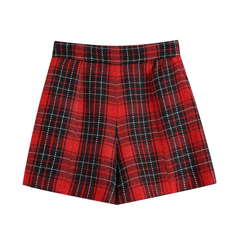 Fashion Plaid Twill Shorts Women Vintage Decorative Metal Buttons High Waist Back Zipper Female Short Pants Mujer 210430