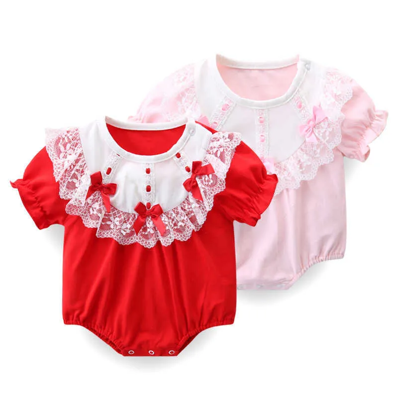 Summer Baby Girl Lace Bow Romper Infant Korean Princess Jumpsuit born Birthday Baptism Clothes Cotton Red Rompers 210615