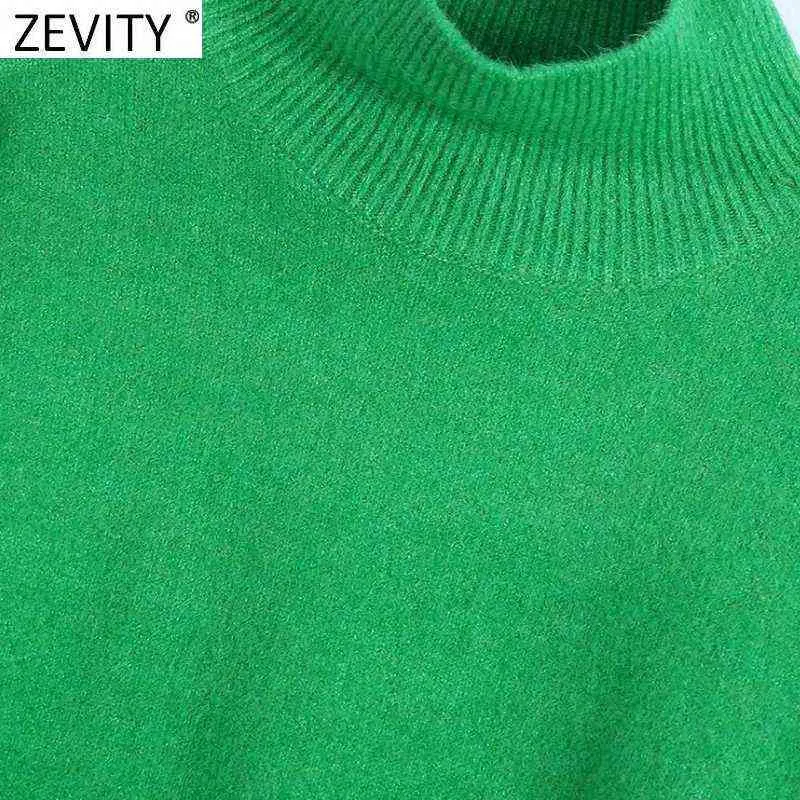 Zevity Femmes Simplement Col Montant Solide Vert Couleur Casual Pull À Tricoter Femme Chic De Base À Manches Longues Pulls Marque Tops SW900 211221