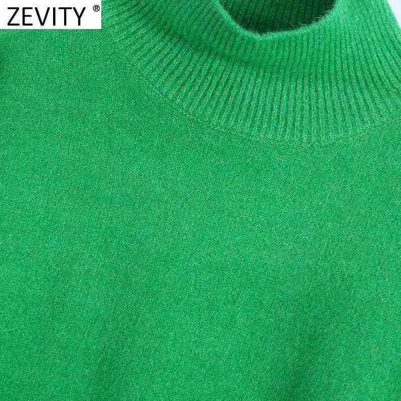 Zevity, suéter de punto informal de Color verde sólido con cuello falso para mujer, jerséis de manga larga básicos elegantes para mujer, Tops de marca SW900 211221