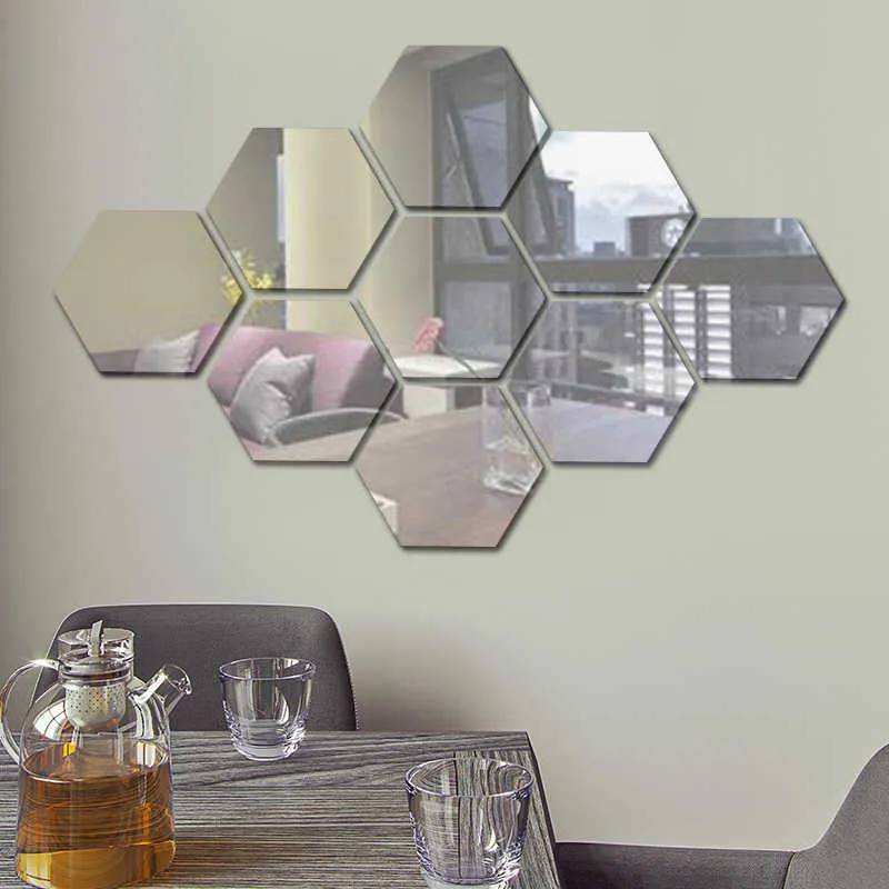 12 piezas autoadhesivas reflectantes en forma de hexágono espejo pegatinas de pared espejos espejos decoración mural para la pared del dormitorio decoración del hogar 210705