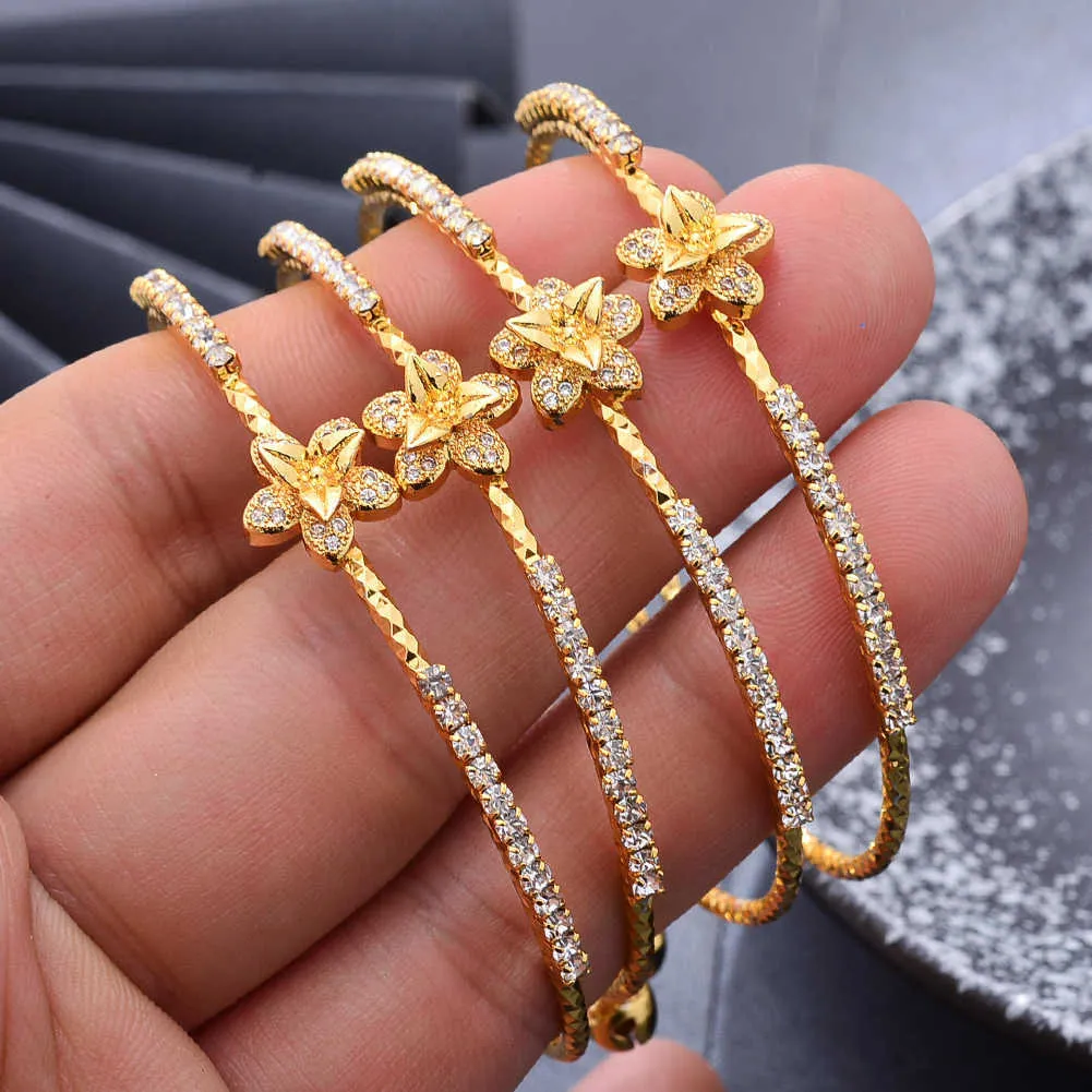 24k Dubai Gold Bangles Bracelet Femmes Filles France Strass Bracelets Indien Bijoux Africains Mariée Mariage Fleur Fête Cadeaux Q0717