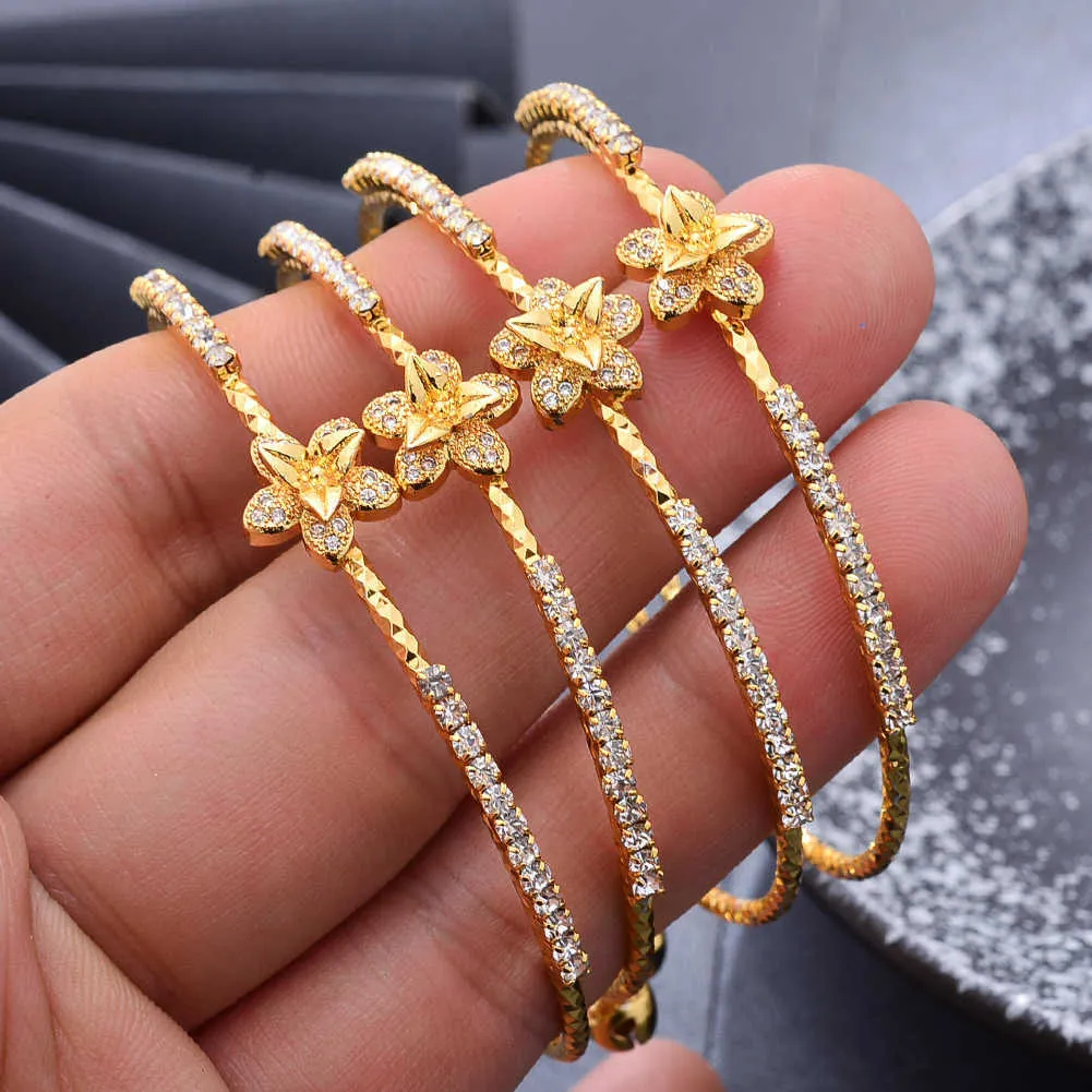 24k Dubai Gold Bangles Bracelet Women Girls France Rhinestone Bracelets Indian African Jewelry Bride Wedding Flower Party Gifts Q0717