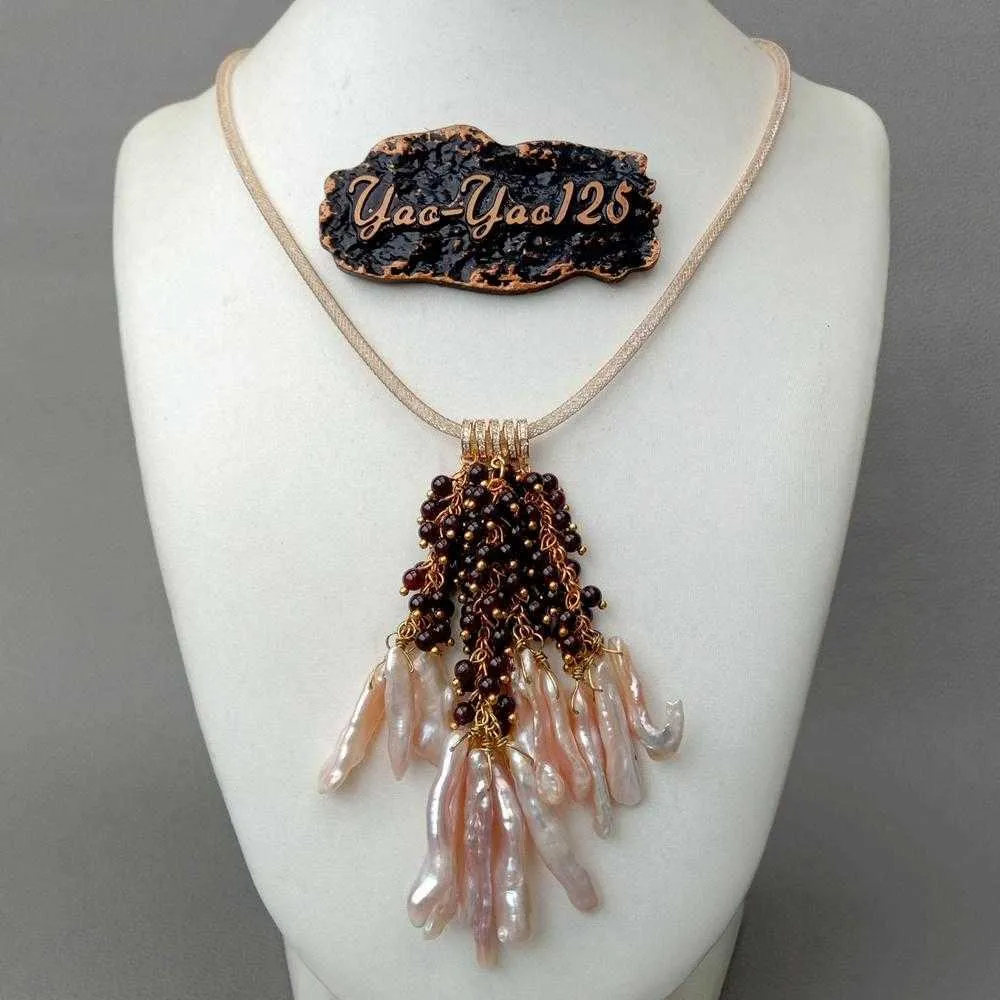 45,7 cm vergoldete Halskette mit Netzkragen, rosa Biwa-Süßwasserperle, Granat-Anhänger, Halskette, Party-Luxus-Stil für Damen