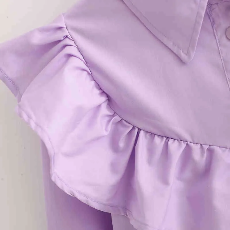 カジュアルな女性紫の綿のフリルシャツのドレス春のファッションレディースソフトミニドレス女の子甘い休日210515