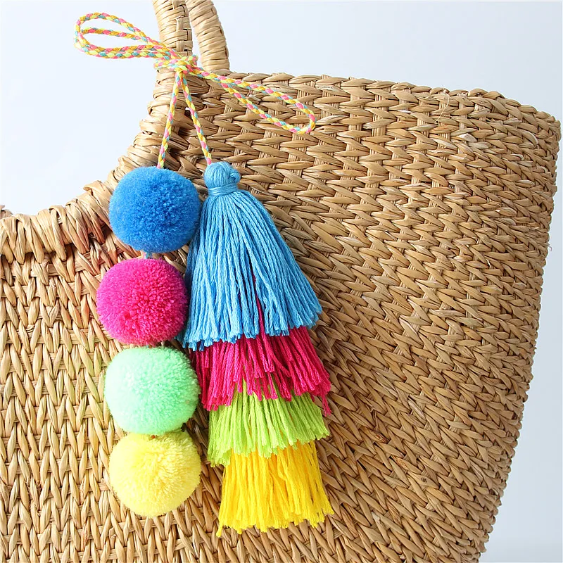 Pom Pom fait à la main coloré 4 couches gland porte-clés breloques de sac dégradé de couleurs porte-clés Boho bijoux cadeau pour les femmes 8423834