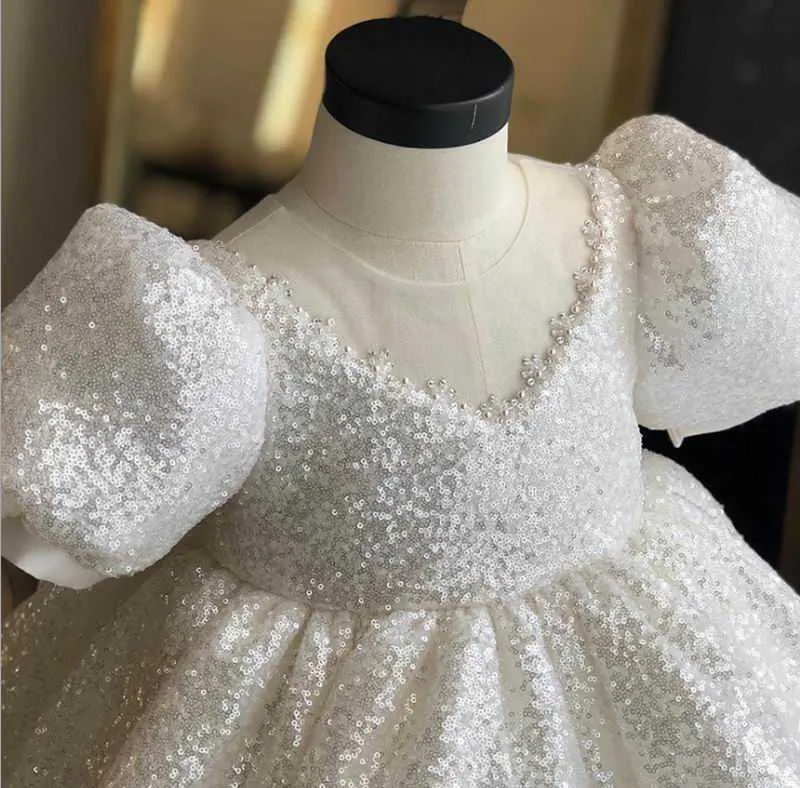 Sequins Flower Girl Dress Ball Gown Lace Performance First Birthday Evening Kids Clothes 1-13Y E142 210610