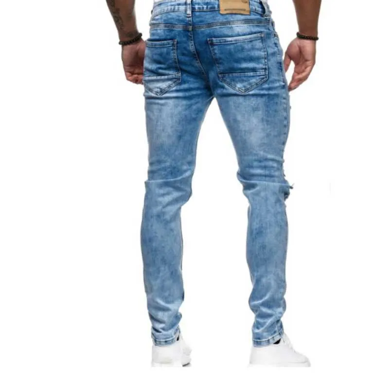 Män rippade skinny jeans hål penna denim byxor moto biker party casual cowboy byxor gata män kläder 2020 x0621