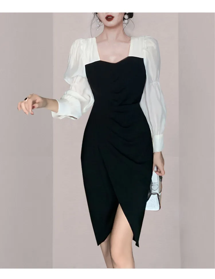 Printemps mode femmes élégant col carré robe formelle manches bouffantes bureau OL fête crayon Vestidos 210519