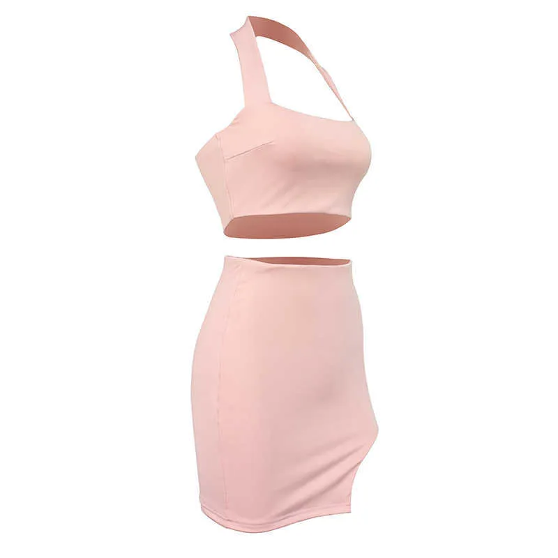 Asia Two Piece Set Women Pink Halter Sleeveless Crop Top Split Bodycon Skirt and Top Set Party Wear Sexy Club Outfits 210730