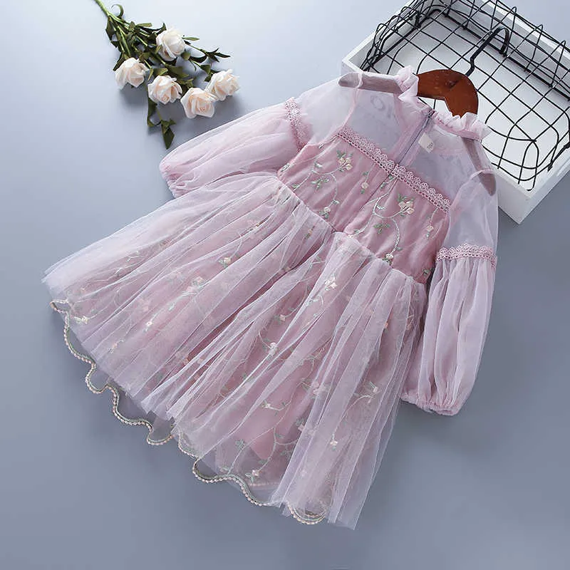3-7 년 고품질 소녀 옷 봄 패션 캐주얼 핑크 옐로우 그린 레이스 메쉬 아이 어린이 공주 드레스 210615