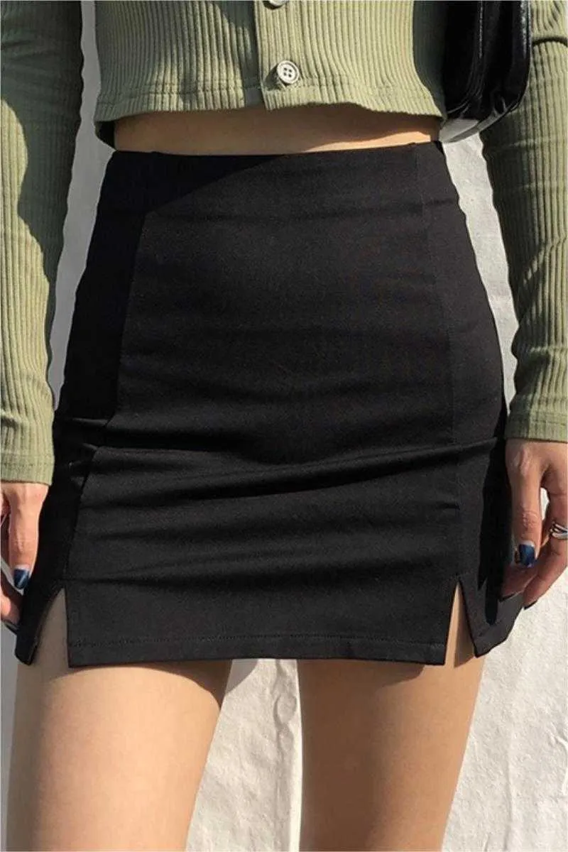 Röcke Frauen Schwarz Split Büro Damen Hohe Taille Elegante Dünne Mini Rock Student Trendy Einfache 210608