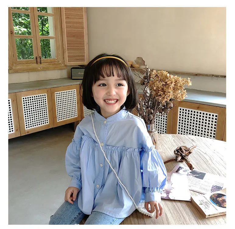 女の子の綿のゆるいパフトップ210508のための韓国風の秋のカジュアルなフリリーソリッドカラー長袖人形シャツ210508