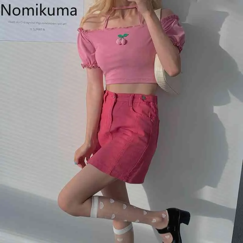 Nomikuma Estate Crop Top Donna 3D Cherry Design Maglietta a maniche corte Slim Fit Magliette a vita alta Stile giapponese Dolce Camisetas 210514