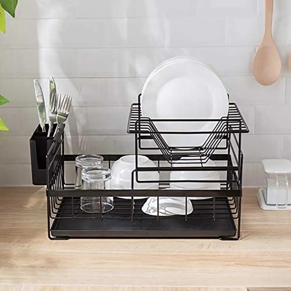 Rack de secagem de prato com drenador de esgotador de cozinha de bancada leve armazenamento de utensílios de utensílios para casa Branco preto 21090223V