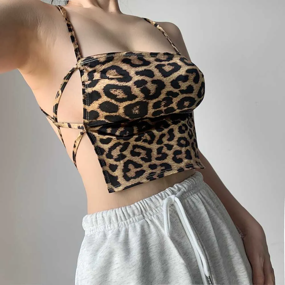 Summer Mesh Low Chest Sexy Leopard Print Big Exposed Back Cross Hollow Navel Tank Tops Girl Female TUG7 210603