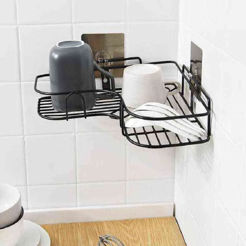 Metal corner nail-free double-layer storage rack bathroom kitchen shampoo spice living room bedroom 211112