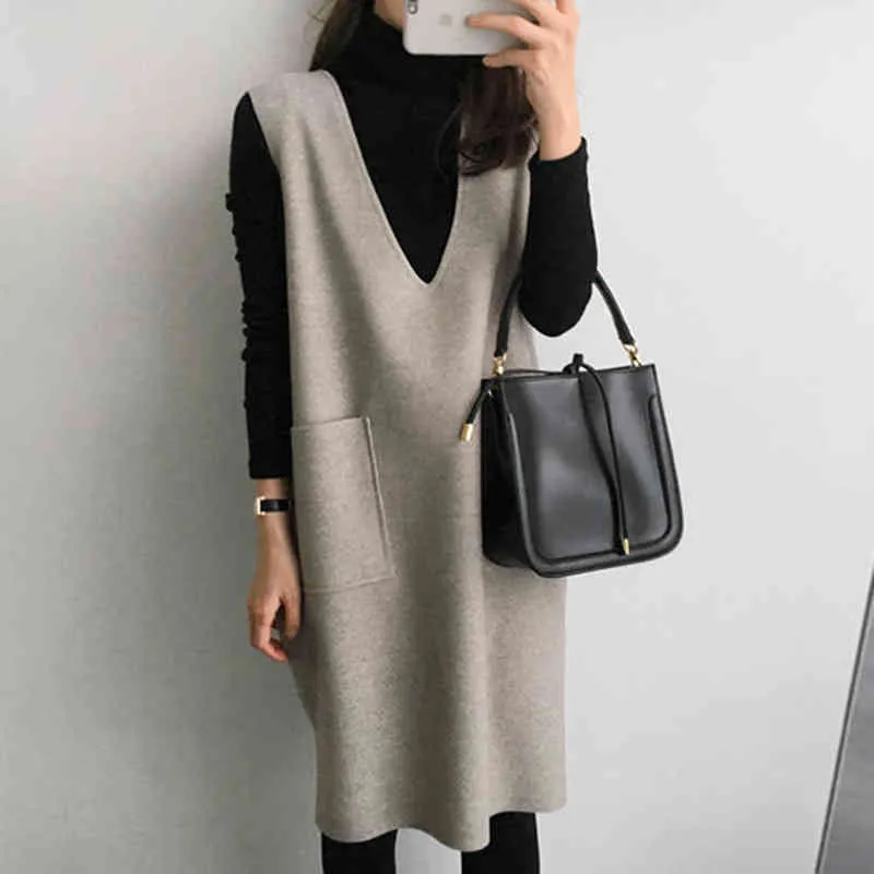 Вязаные платья женщины 2021 осень зима V-образным вырезом пуловер без рукавов длинное платье корейский стиль свободно жилет шерсть флис свитер юбка G1214