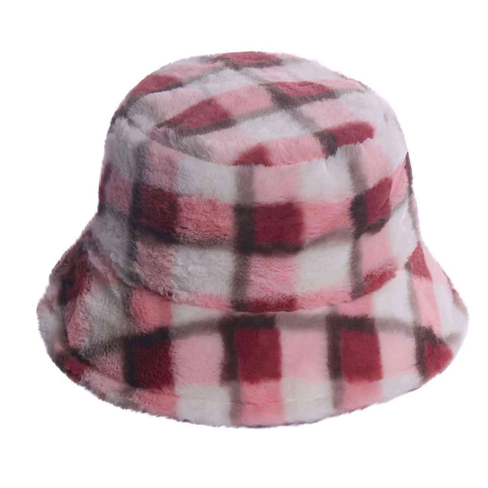 Plaid Printed Basin Hat Bucket Vinter Höst Tjock Varm Mjuk Lamm Ull Kvinnor Bucket Hat Kvinna Ladies Flat Top Hat Beanie Bonnet Y21111