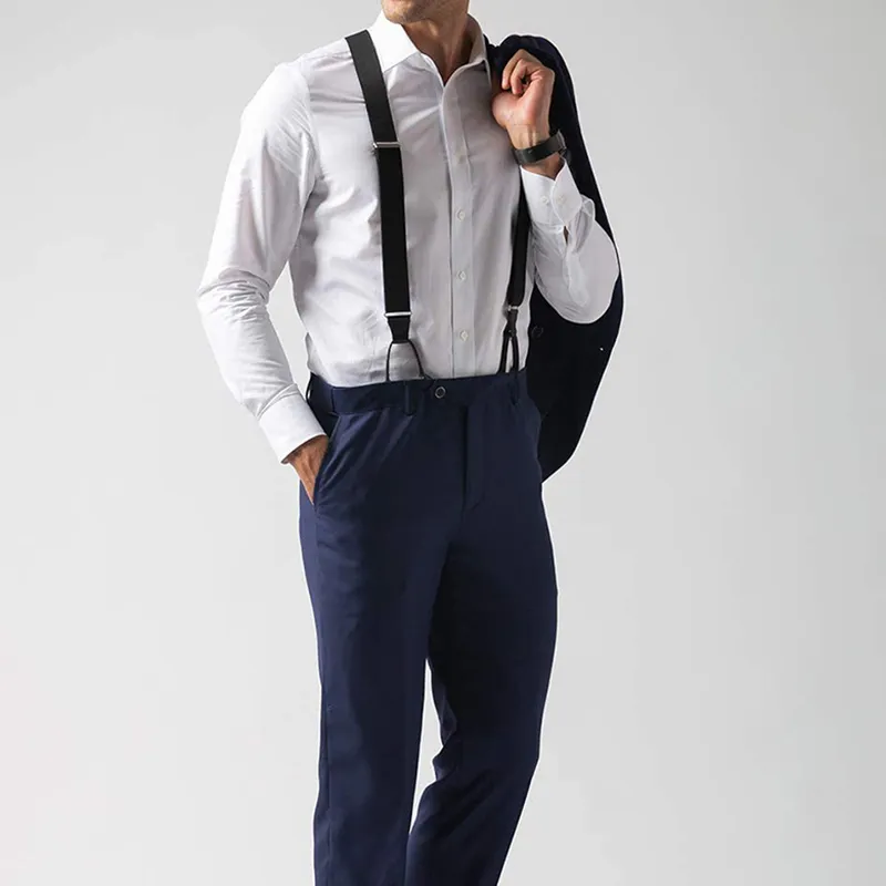 Vintage-Hosenträger für Herren, 35 cm breit, mit Knopfleiste, mit schwarzem Lederbesatz, Y-Rücken, verstellbare, elastische Hosenträger, Riemengürtel310f
