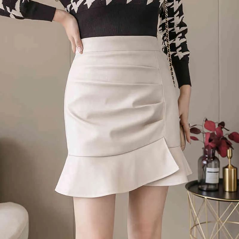 Jupes d'automne d'hiver pour femmes Style coréen La taille haute en cuir irrégulier Couleur unie GX634 210507