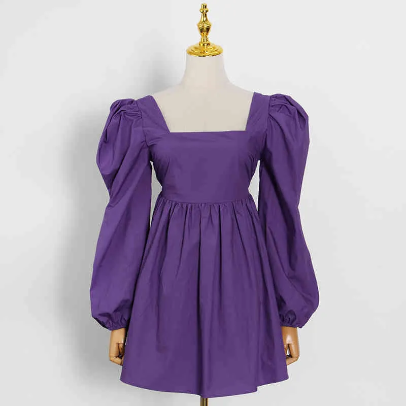 Robe à lacets violette élégante pour femmes col carré à manches longues taille haute froncée mini robes féminines mode 210520