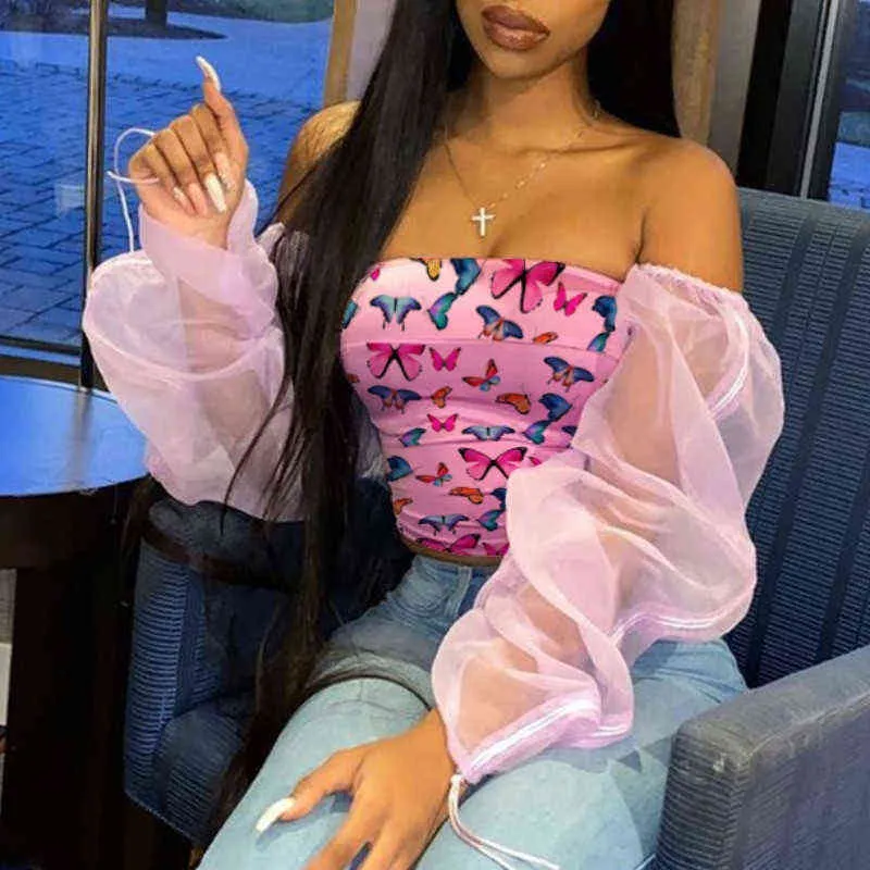 CHRONSTYLE Shirt Women Butterfly Print Blouse Crop Tops Slash Neck See-through Long Puff Sleeve Off Shoulder Backless Pullovers H1230