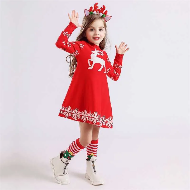 Filles Robe D'hiver Pour Noël Chandail Tricoté À Manches Longues Enfants Robes De Noël Fille Vêtements De Fête Elk Enfants Princesse Costume G1026