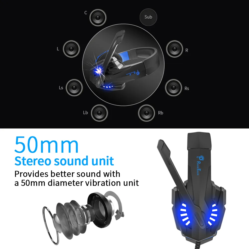 Profesjonalne słuchawki Gaming LED Light Bass Stereo Redukcja szumów Mic Gamer Headset PS4 PS5 Xbox Laptop PC Przewodowy zestaw słuchawkowy