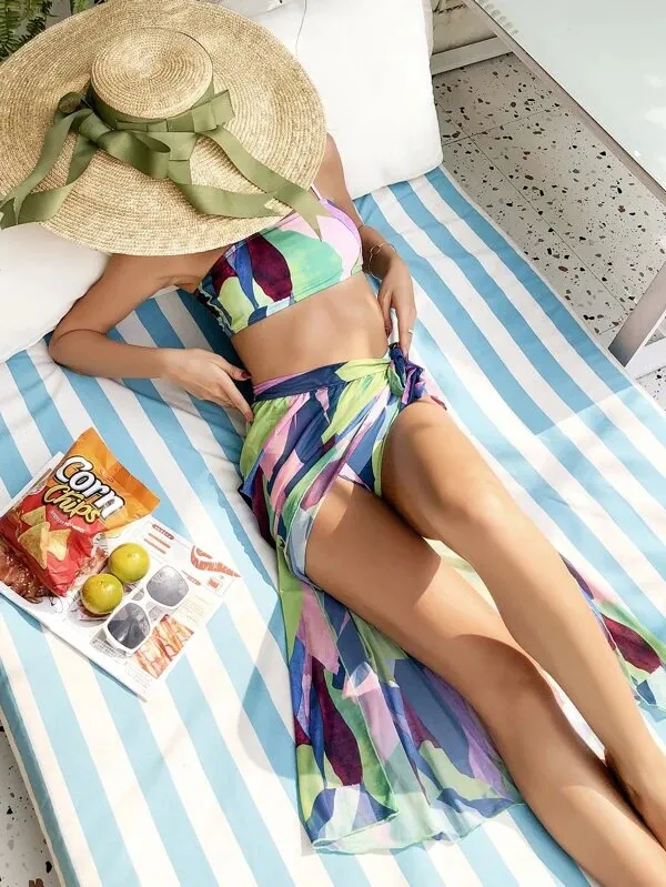 Summer Beach Wear Boho Print 3 stycken Bikini Set Sexig Strap Bandeau Bikinis Baddräkt Sarongs Kvinnor Badkläder Kallar A857 210420